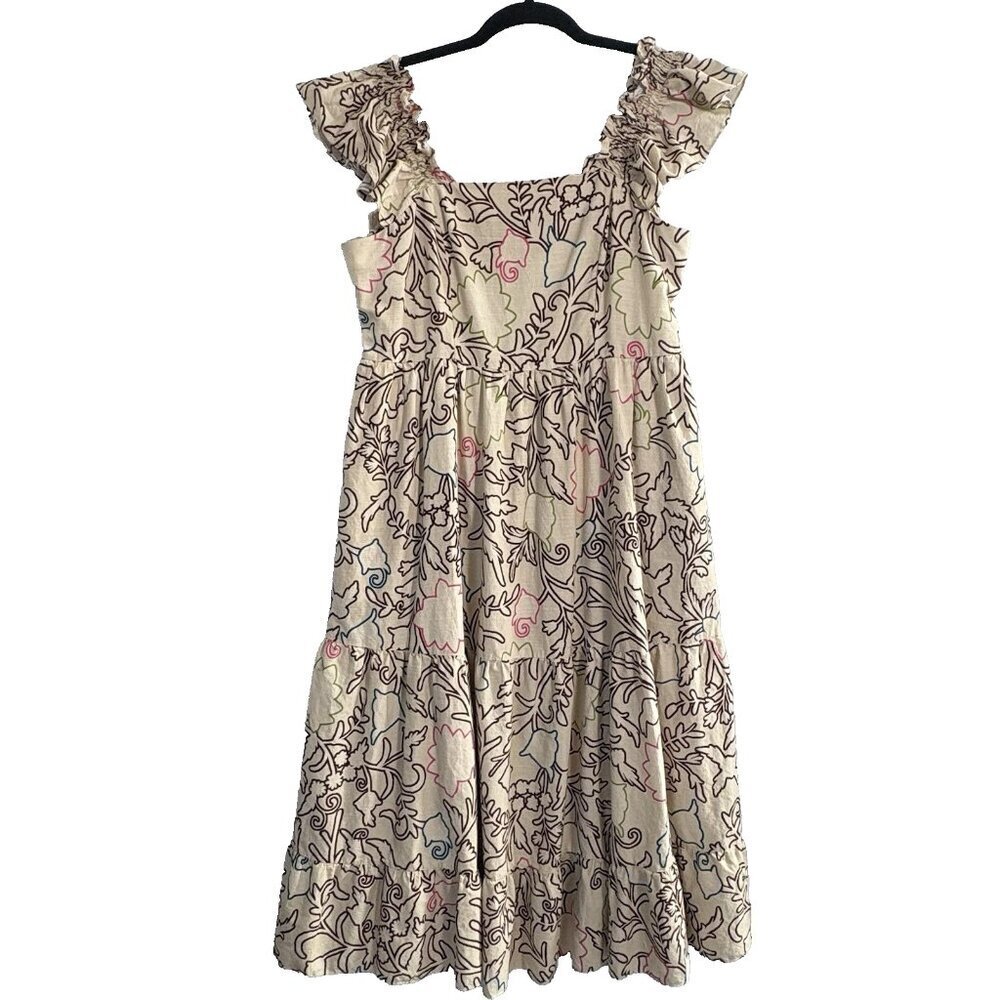KNOX ROSE Women Midi Dress Sz M Tan Floral Square Neckline Peasant Sundress 49-6